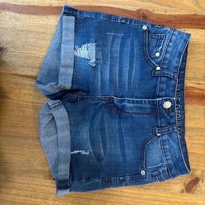 Women's Dark Blue Distressed Roll-Cuff Denim Shorts